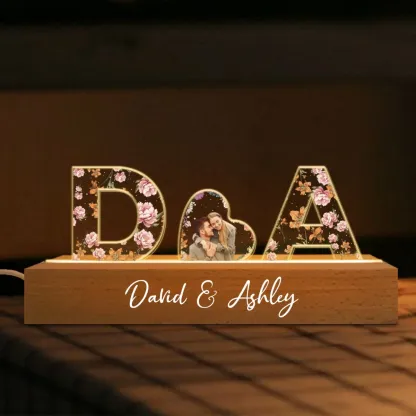Couple Initials Floral Theme Anniversary Gift Personalized Acrylic Block LED Night Light