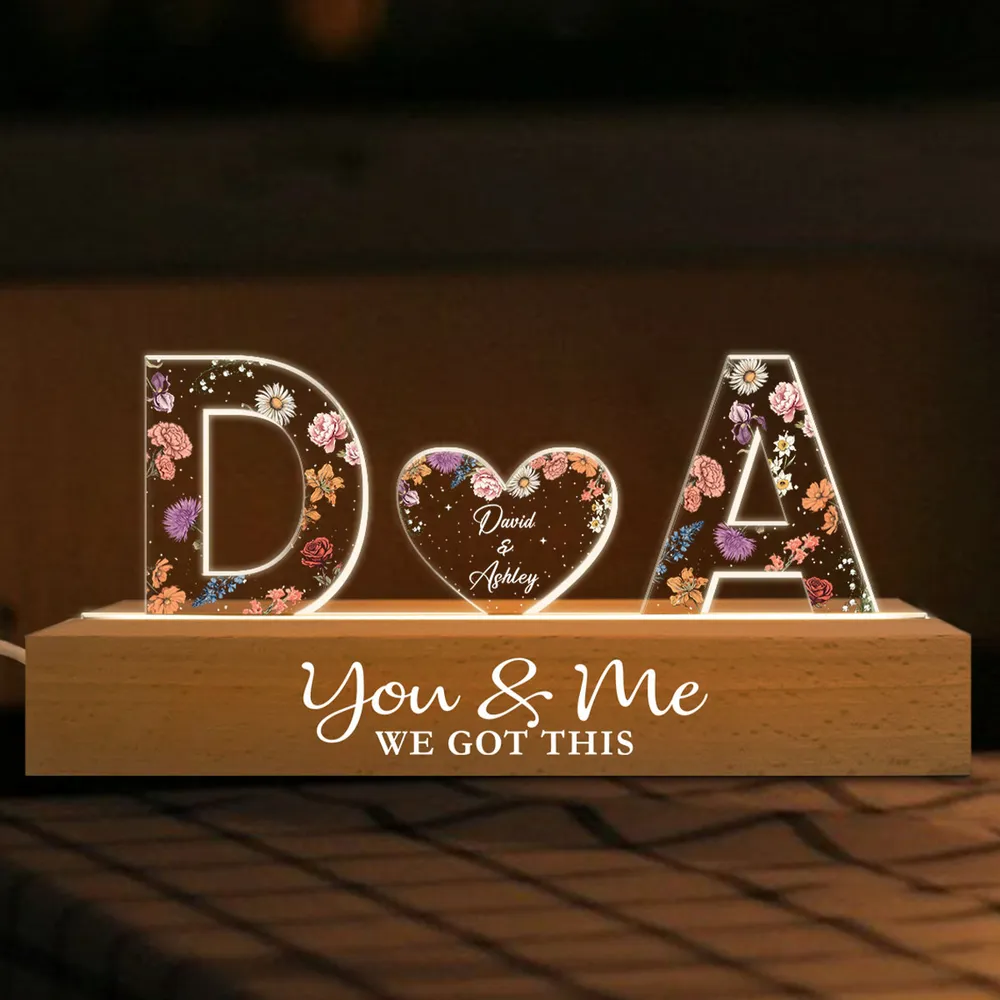 Couple Initials Floral Theme Anniversary Gift Personalized Acrylic Block LED Night Light