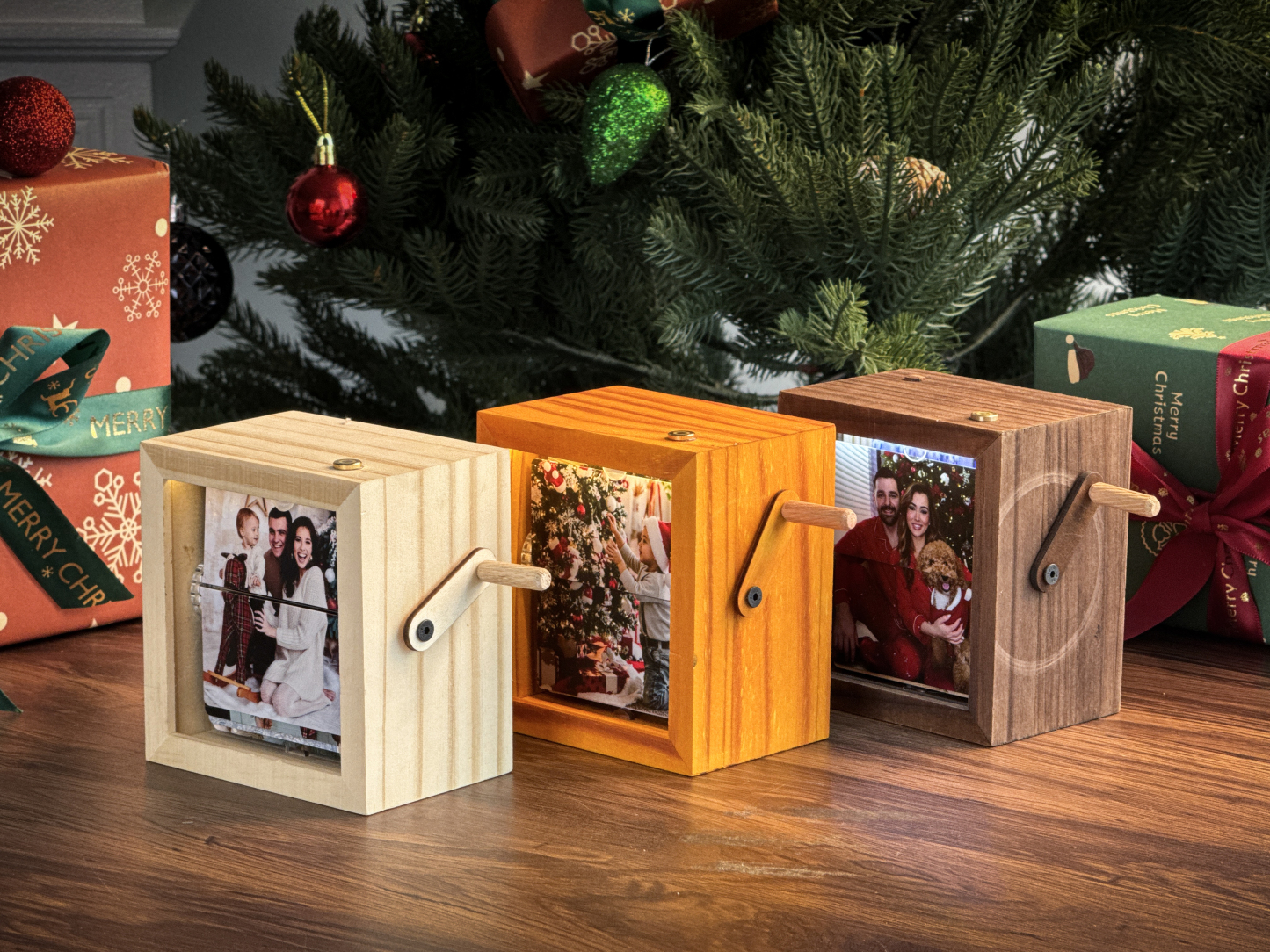 Custom Hand-Cranked Photo Flipbook Box with Light — Unique Family Christmas Gift