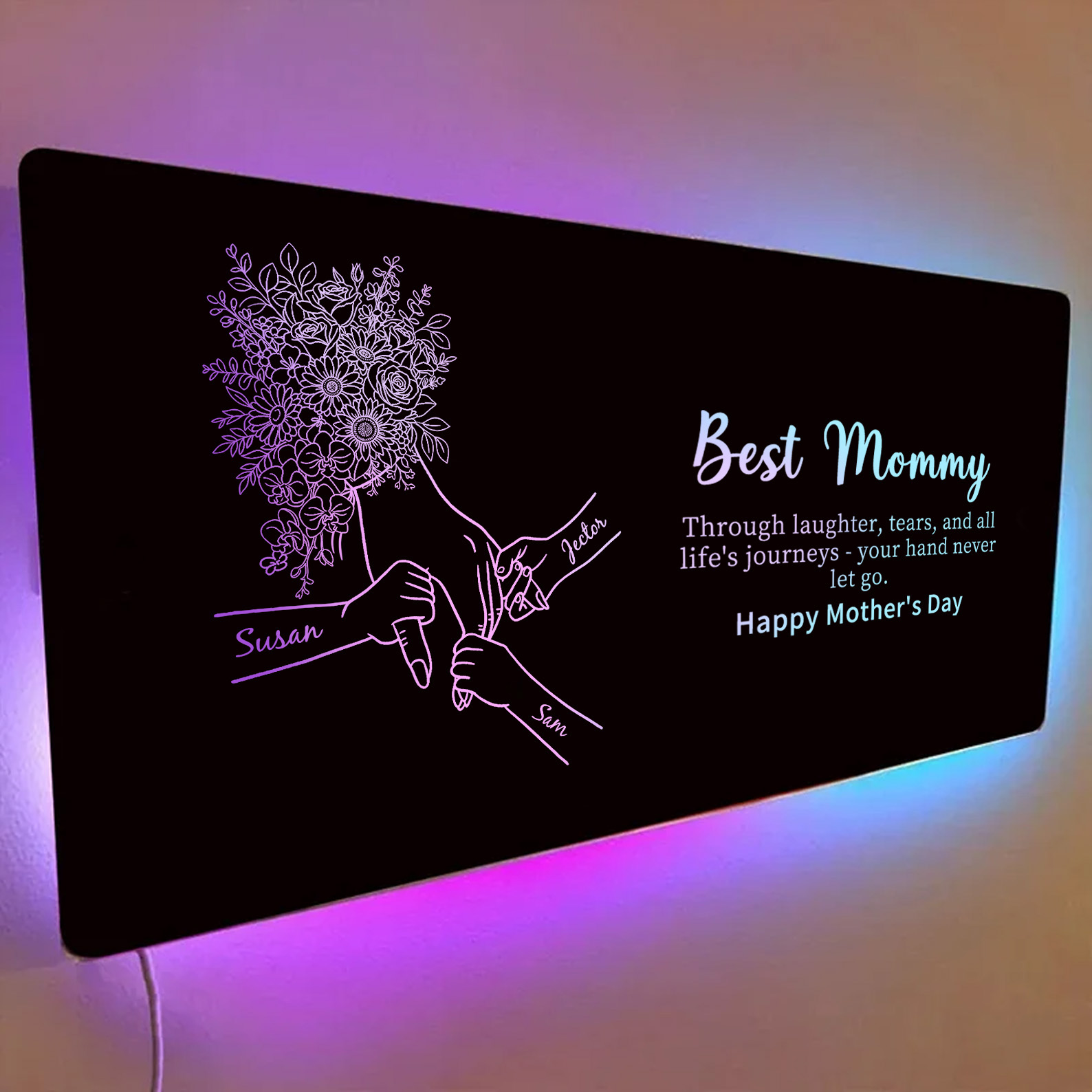 Custom Mom Holding Hands Mirror Light with Choice of Bouquet - Personalized Mother‘s Day Gifts for Mom