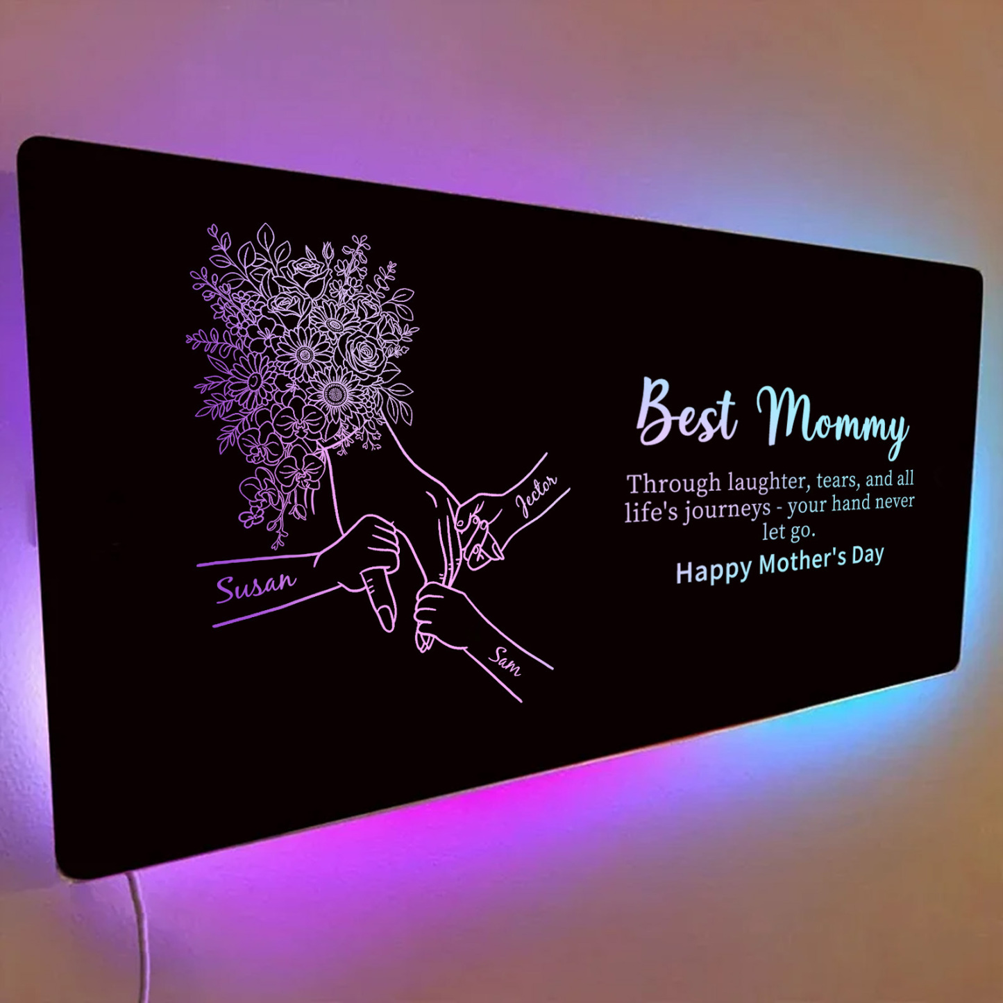 Custom Mom Holding Hands Mirror Light with Choice of Bouquet - Personalized Mother‘s Day Gifts for Mom