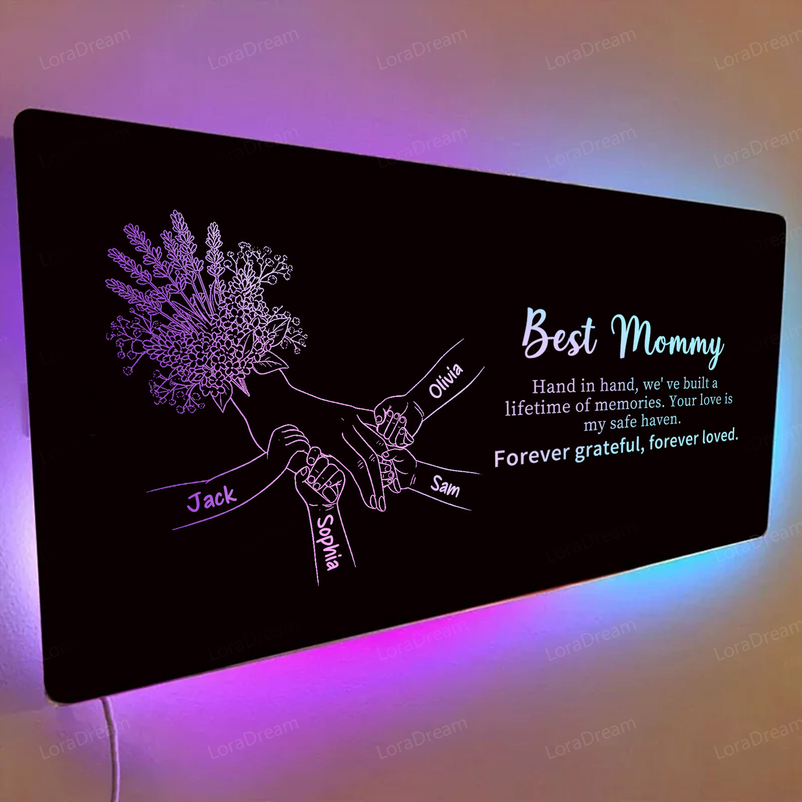 Custom Mom Holding Hands Mirror Light - Personalized Mother‘s Day Gifts with Choice of Bouquet for Mom