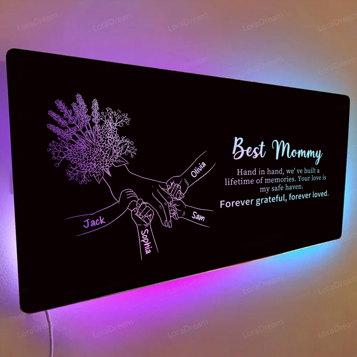 Custom Mom Holding Hands Mirror Light - Personalized Mother‘s Day Gifts with Choice of Bouquet for Mom
