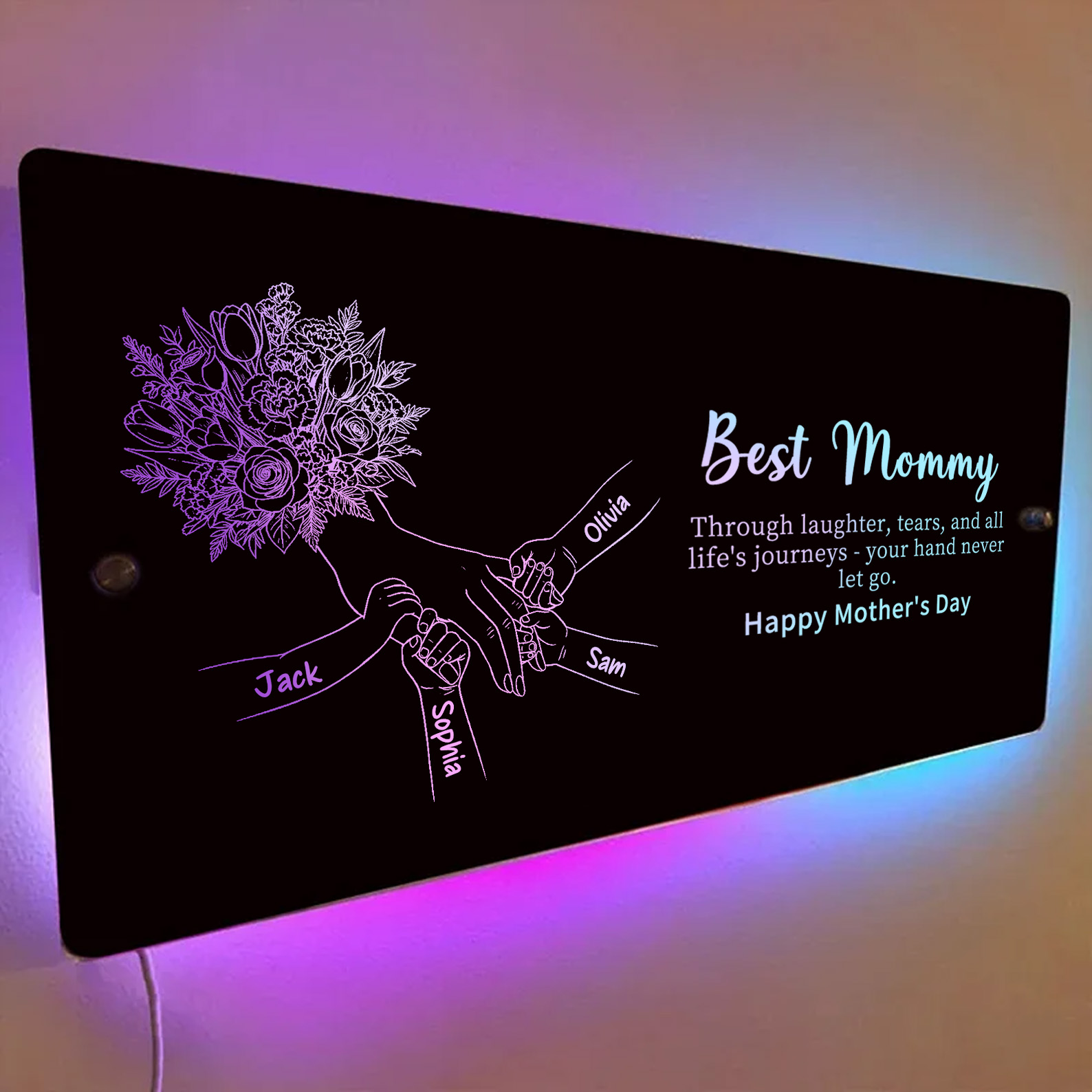 (Tulip, Rose & Carnation) Personalized Mom Holding Hands Mirror Light - Custom Mother‘s Day Gifts for Mom