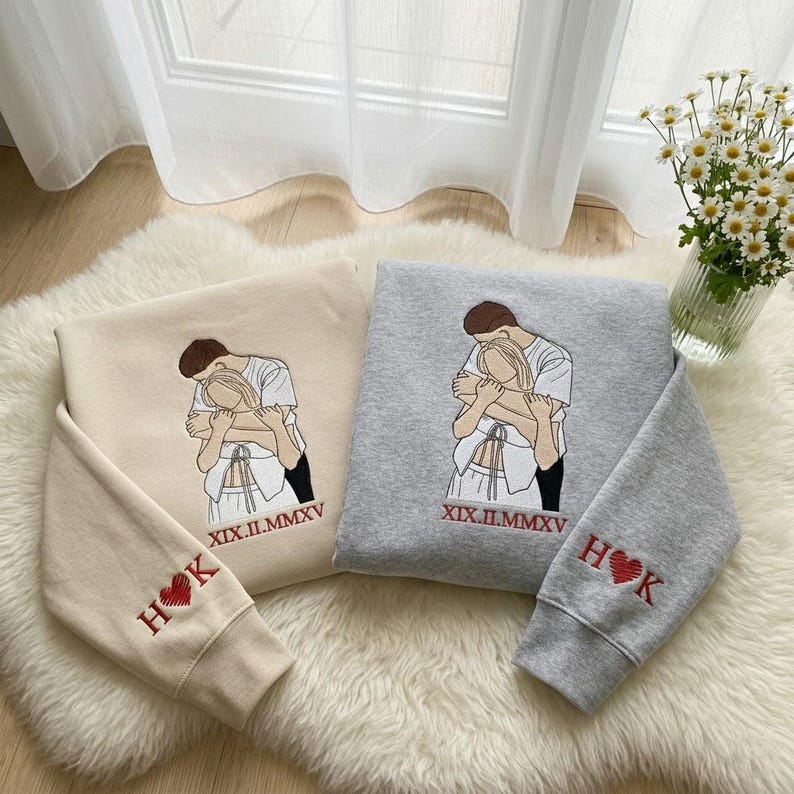 Custom Couple Portrait Embroidered Sweatshirt, Custom Roman Numberal Embroidered Sweatshirt