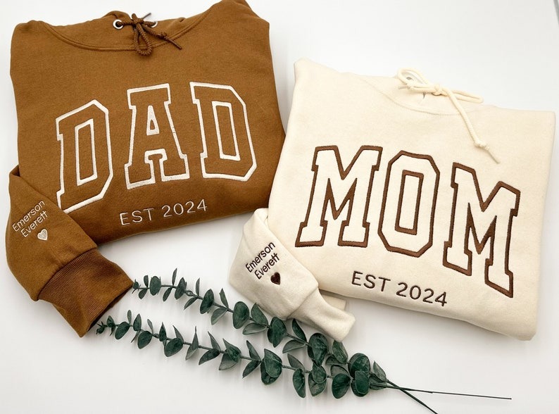 DAD MOM Embroidered Sweatshirt or Hoodie -Kid's Name On Sleeve