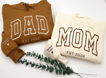 DAD MOM Embroidered Sweatshirt or Hoodie -Kid's Name On Sleeve