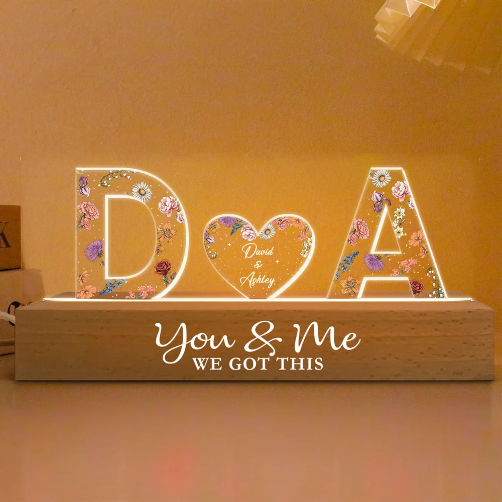 Couple Initials Floral Theme Anniversary Gift Personalized Acrylic Block LED Night Light