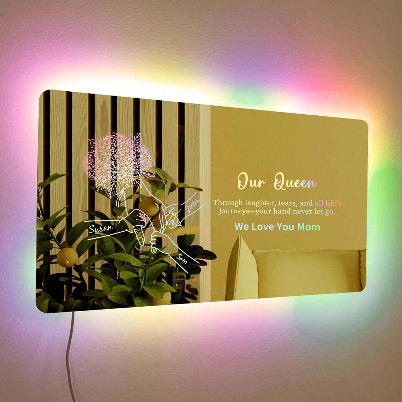Custom Mom Holding Hands Mirror Light with Choice of Bouquet - Personalized Mother‘s Day Gifts for Mom