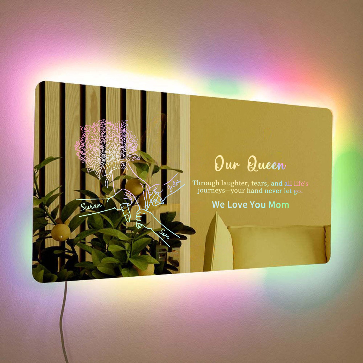 Custom Mom Holding Hands Mirror Light with Choice of Bouquet - Personalized Mother‘s Day Gifts for Mom