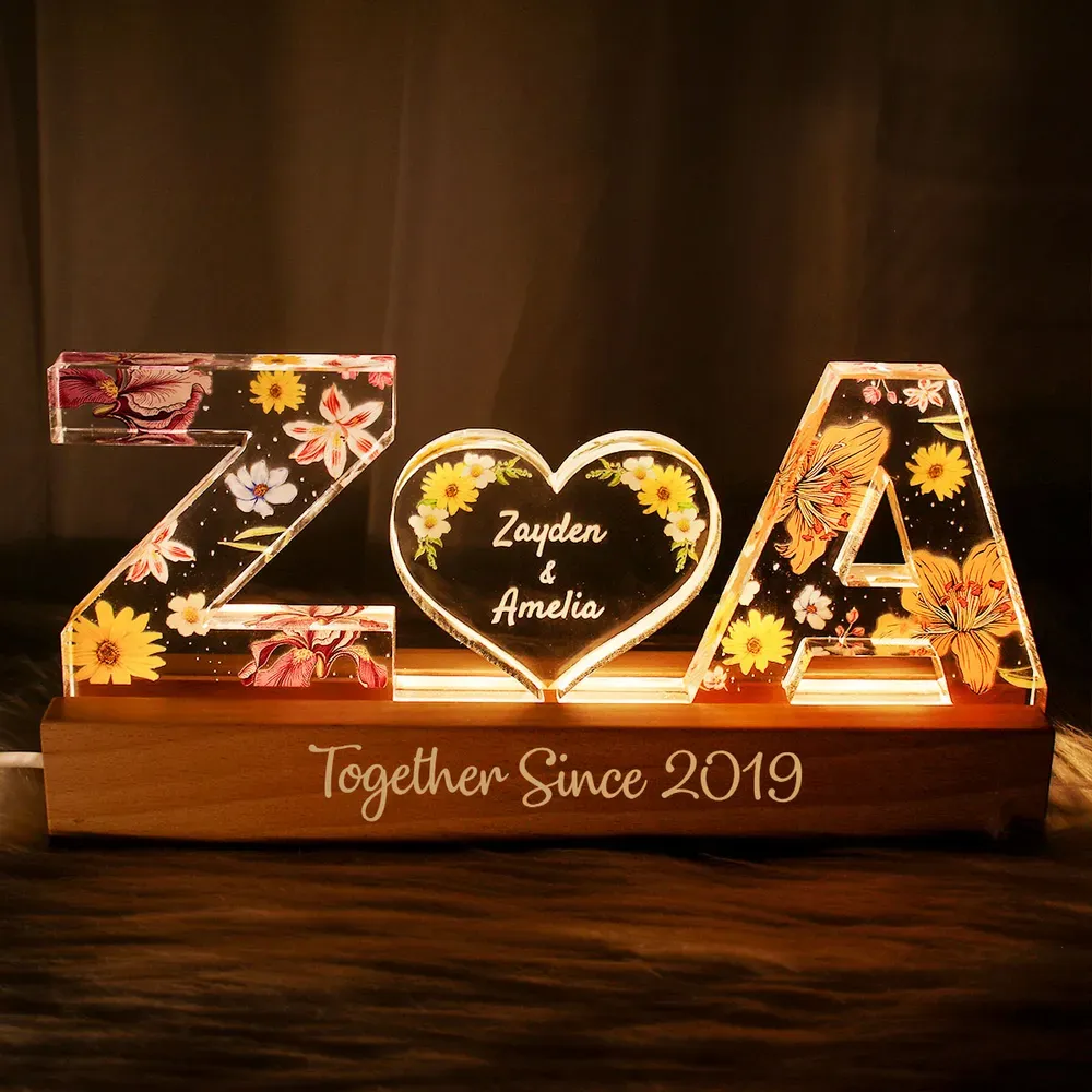 Couple Initials Floral Theme Anniversary Gift Personalized Acrylic Block LED Night Light