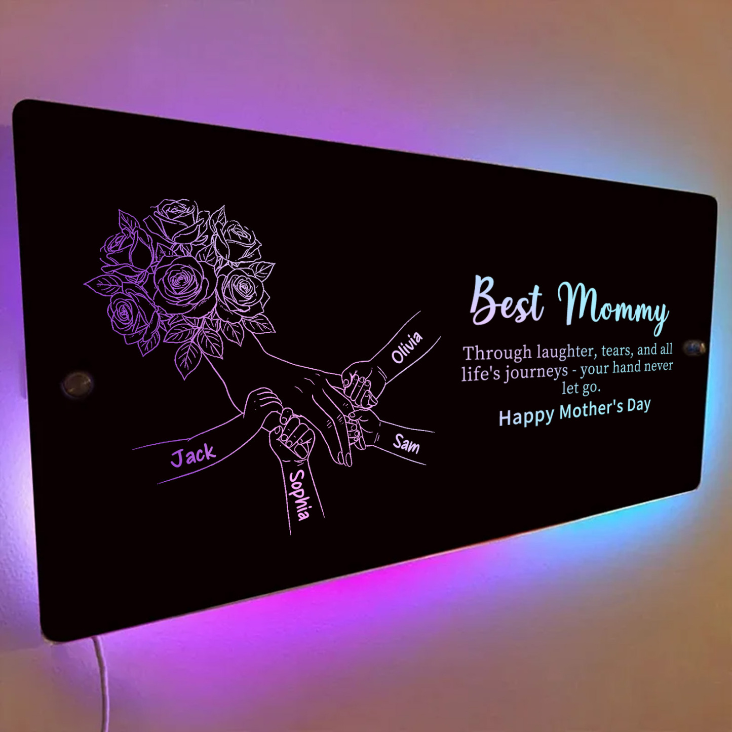 (Rose) Personalized Mom Holding Hands Mirror Light - Custom Mother‘s Day Gifts for Mom