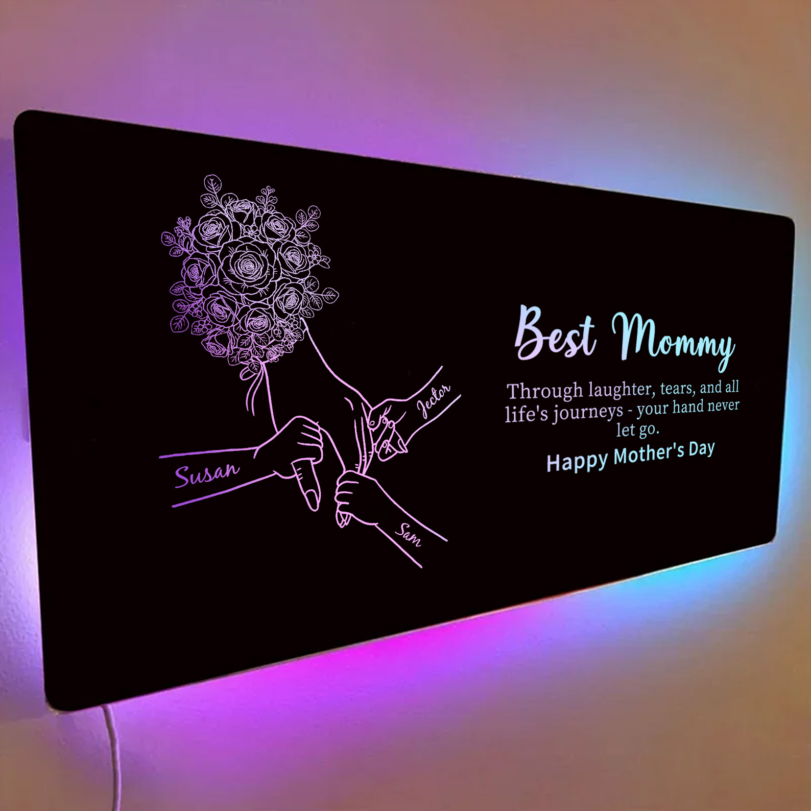 Custom Mom Holding Hands Mirror Light with Choice of Bouquet - Personalized Mother‘s Day Gifts for Mom