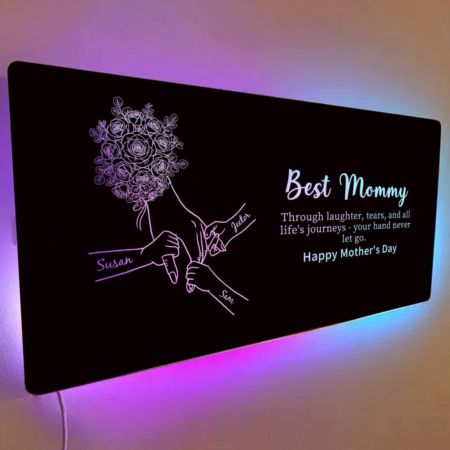 Custom Mom Holding Hands Mirror Light with Choice of Bouquet - Personalized Mother‘s Day Gifts for Mom