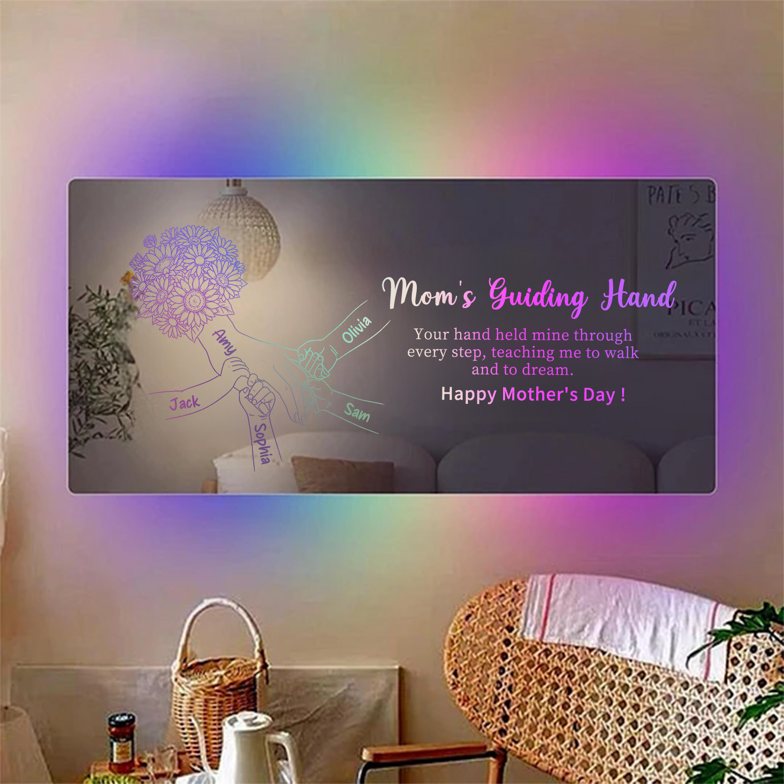 (Sunflower) Personalized Mom Holding Hands Mirror Light - Custom Mother‘s Day Gifts for Mom