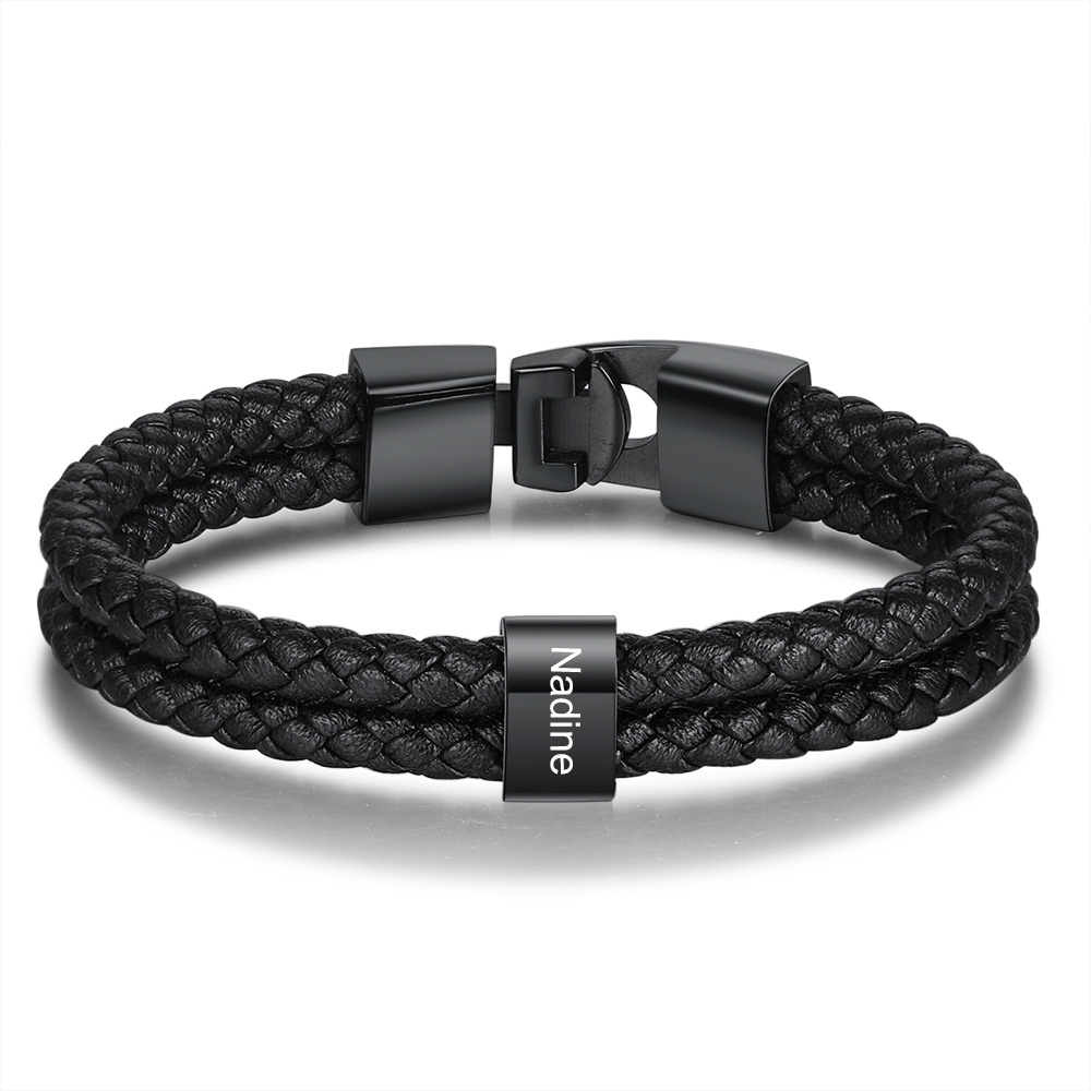 Personalised Braided Leather Bracelet Engraved 1 Name Men's Bracelet G