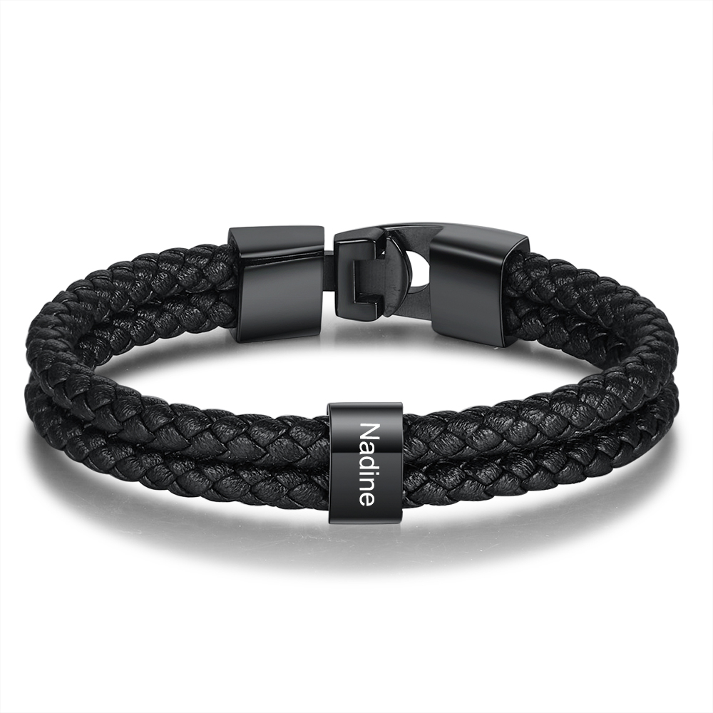 Personalised Braided Leather Bracelet Engraved 1 Name Men's Bracelet G