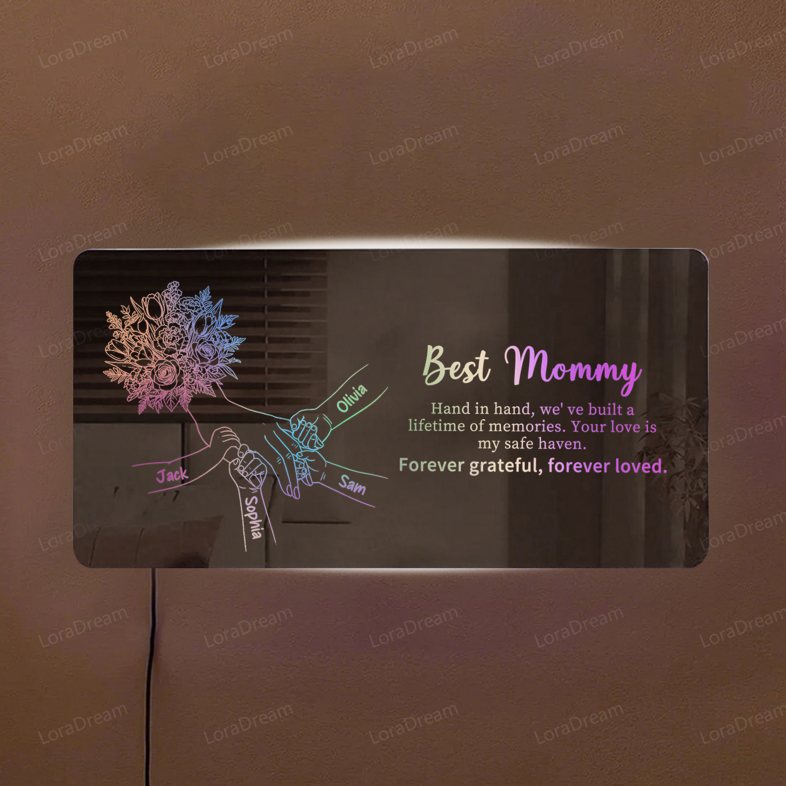 Custom Mom Holding Hands Mirror Light - Personalized Mother‘s Day Gifts with Choice of Bouquet for Mom