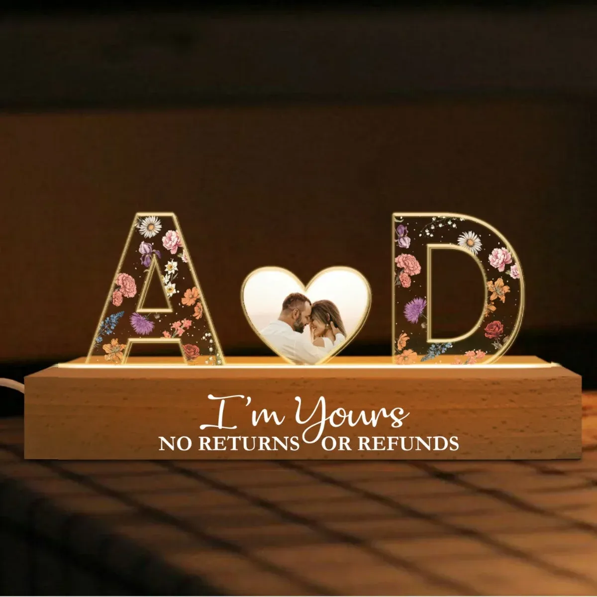 Couple Initials Floral Theme Anniversary Gift Personalized Acrylic Block LED Night Light