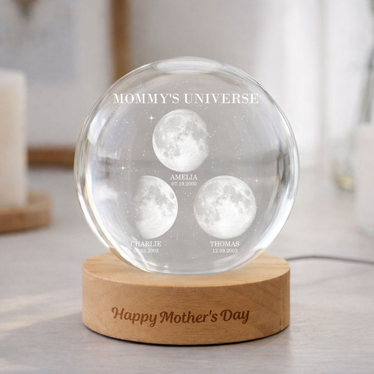 Personalized Moon Phase Crystal Ball Night Light – Custom Date LED Gift for Mom, Wife (Mother’s Day Gift)