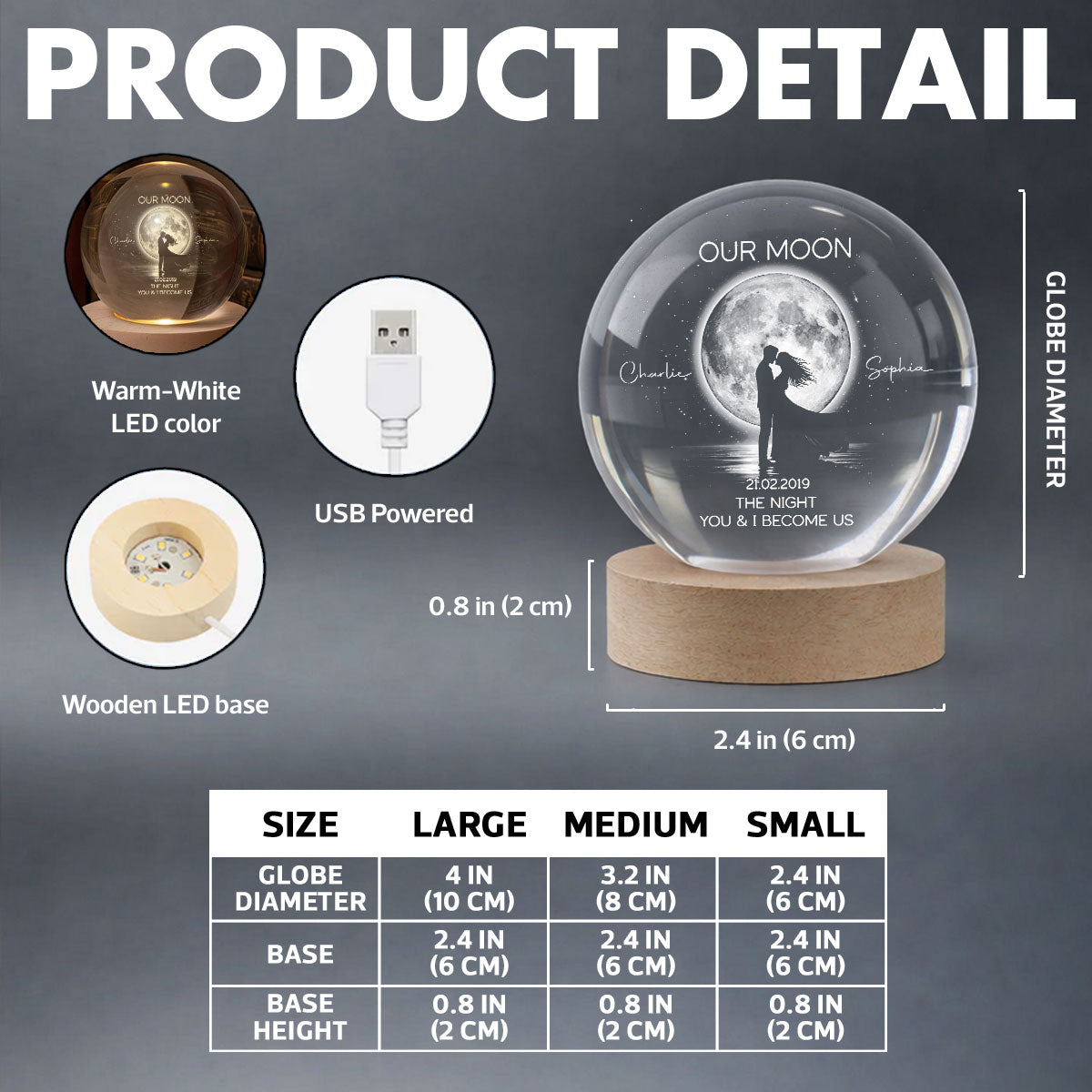 Couple Kissing Under the Moonlight, Custom Moon Phase by Date - Personalized Crystal Ball LED Night Light - Sentimental Valentine's Day Gift for Her, for Him