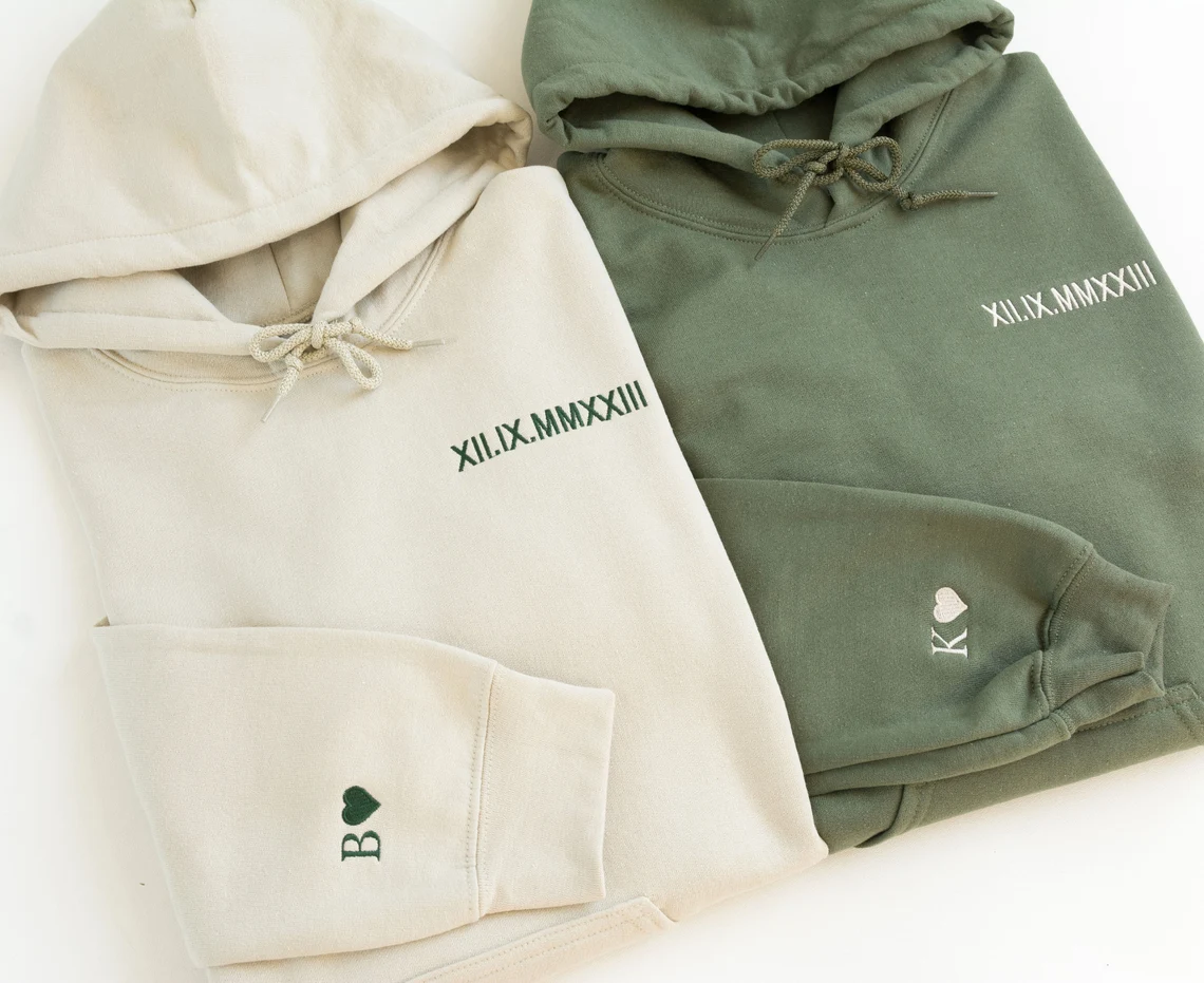 Custom Embroidered Roman Numeral Hoodie - Couples Gift - Personalized Gift Date Hoodie Initial on Sleeve