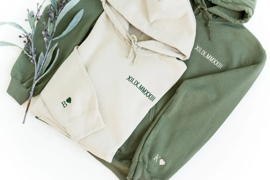 Custom Embroidered Roman Numeral Hoodie - Couples Gift - Personalized Gift Date Hoodie Initial on Sleeve