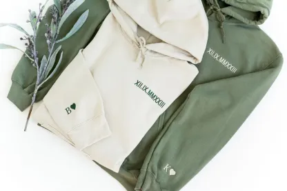 Custom Embroidered Roman Numeral Hoodie - Couples Gift - Personalized Gift Date Hoodie Initial on Sleeve