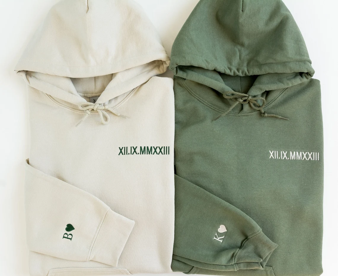 Custom Embroidered Roman Numeral Hoodie - Couples Gift - Personalized Gift Date Hoodie Initial on Sleeve