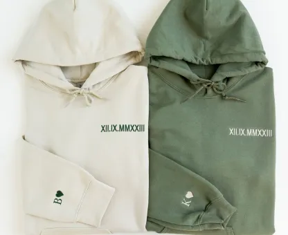 Custom Embroidered Roman Numeral Hoodie - Couples Gift - Personalized Gift Date Hoodie Initial on Sleeve