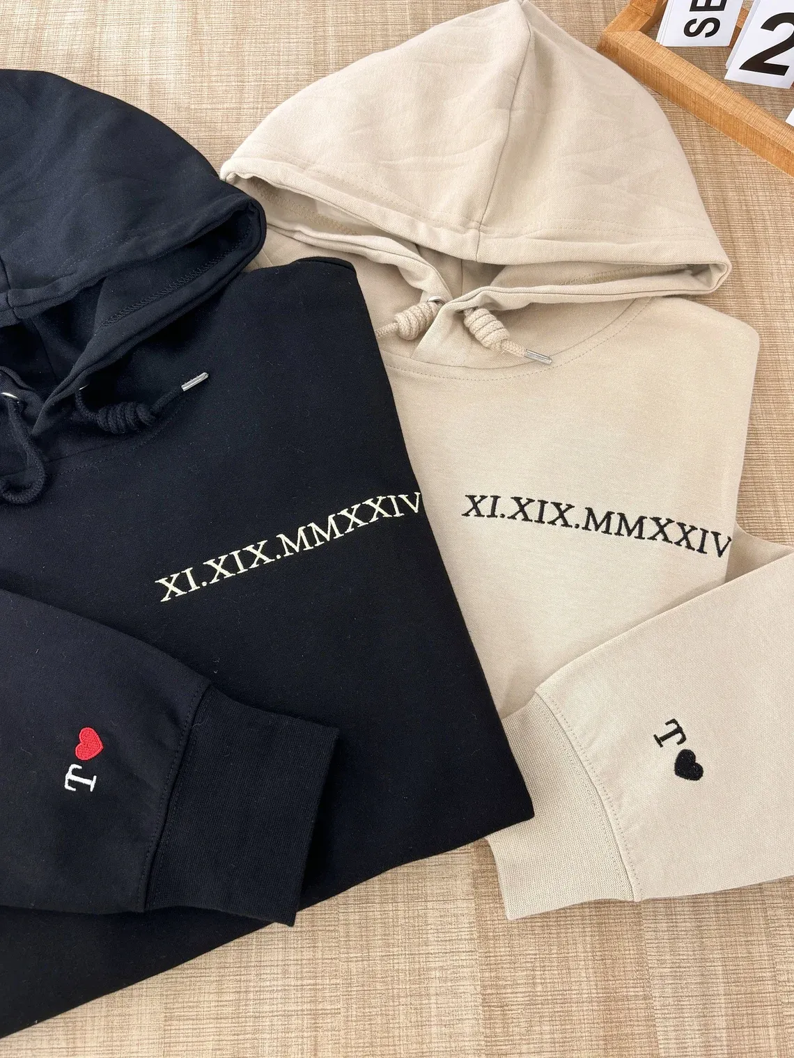 Embroidered Roman Numerals Hoodie | Anniversary Date Couple Sweatshirt | Initials on Sleeve | Valentines Day Gifts