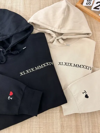 Embroidered Roman Numerals Hoodie | Anniversary Date Couple Sweatshirt | Initials on Sleeve | Valentines Day Gifts