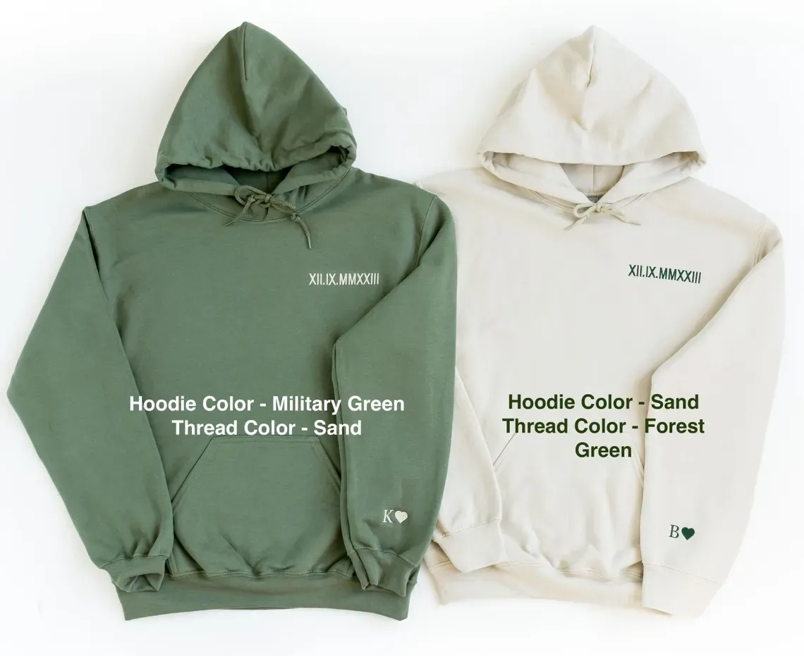 Custom Embroidered Roman Numeral Hoodie - Couples Gift - Personalized Gift Date Hoodie Initial on Sleeve