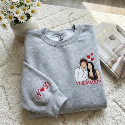 Custom Couple Portrait Embroidered Sweatshirt, Custom Roman Numberal Embroidered Sweatshirt