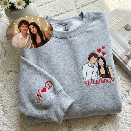 Custom Couple Portrait Embroidered Sweatshirt, Custom Roman Numberal Embroidered Sweatshirt