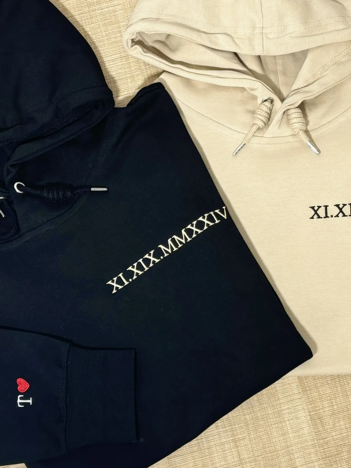 Embroidered Roman Numerals Hoodie | Anniversary Date Couple Sweatshirt | Initials on Sleeve | Valentines Day Gifts