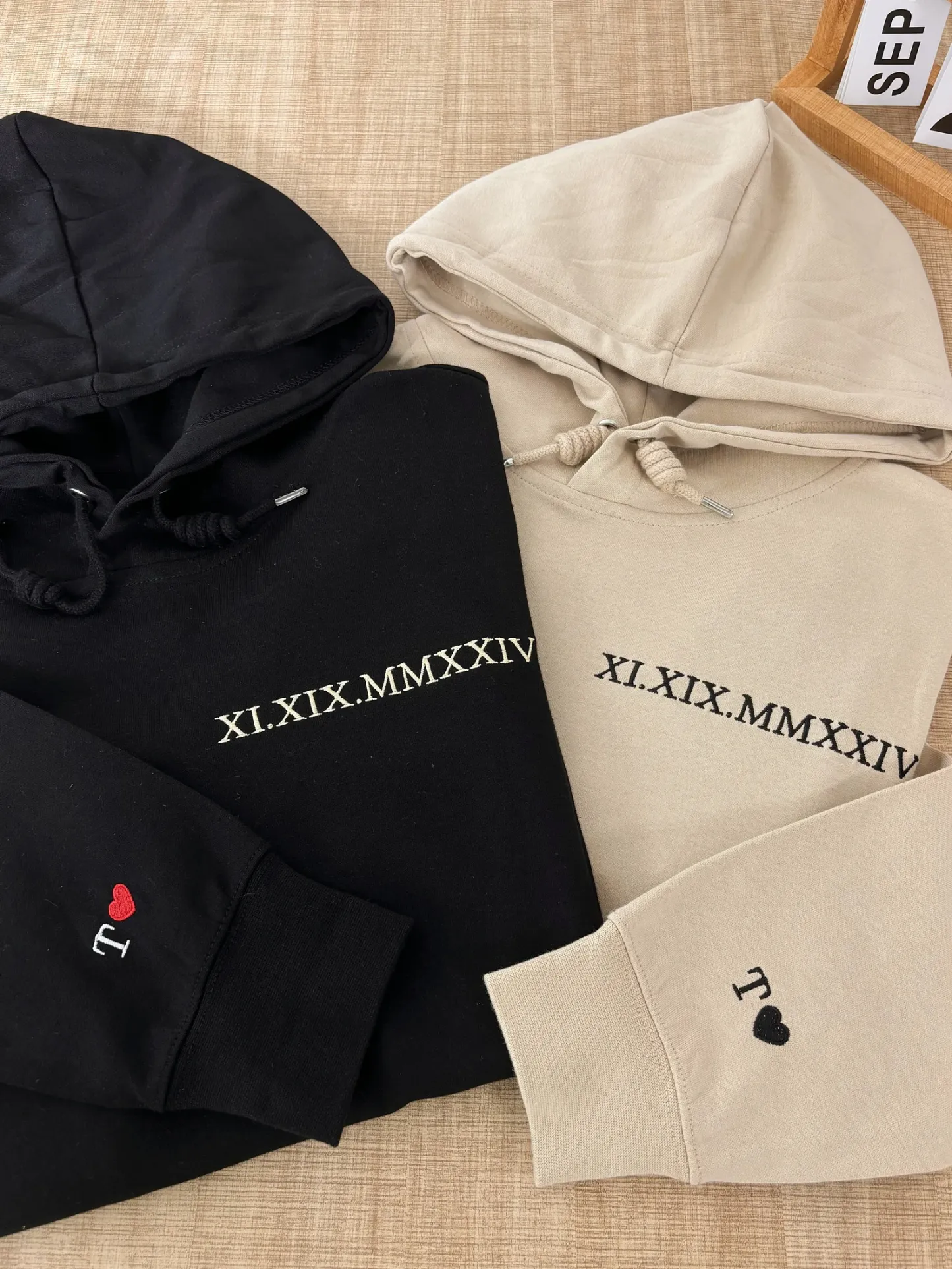 Embroidered Roman Numerals Hoodie | Anniversary Date Couple Sweatshirt | Initials on Sleeve | Valentines Day Gifts