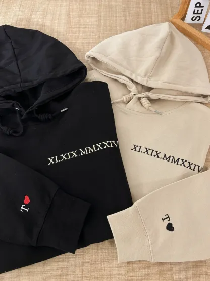 Embroidered Roman Numerals Hoodie | Anniversary Date Couple Sweatshirt | Initials on Sleeve | Valentines Day Gifts