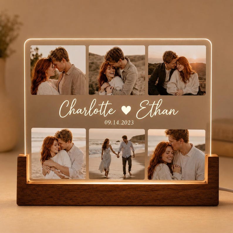 Custom Photo Collage Lamp,Personalized Couple LED Night Light,Custom Names Date Acrylic Plaque,Anniversary Valentine Gift For Her