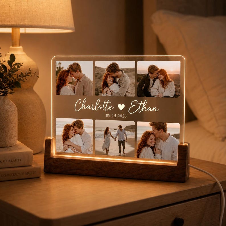 Custom Photo Collage Lamp,Personalized Couple LED Night Light,Custom Names Date Acrylic Plaque,Anniversary Valentine Gift For Her