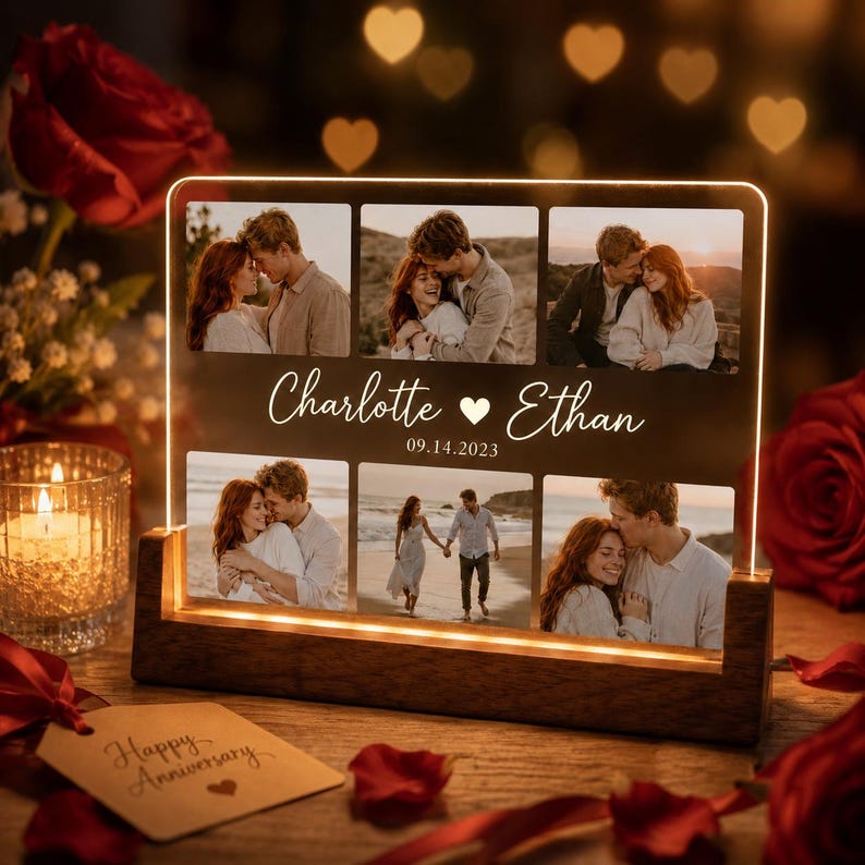 Custom Photo Collage Lamp,Personalized Couple LED Night Light,Custom Names Date Acrylic Plaque,Anniversary Valentine Gift For Her