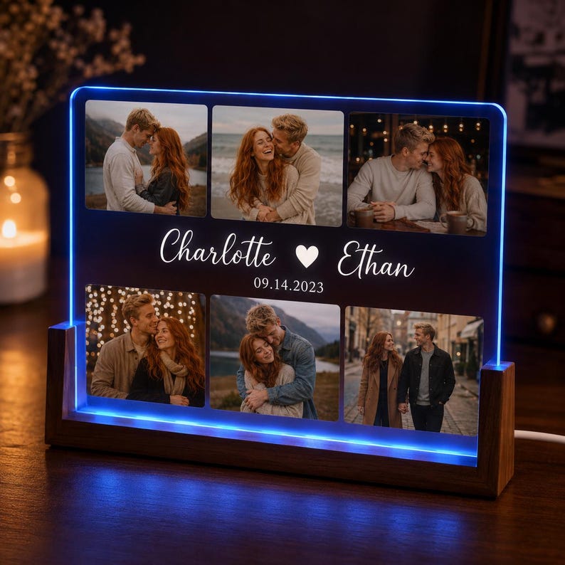 Custom Photo Collage Lamp,Personalized Couple LED Night Light,Custom Names Date Acrylic Plaque,Anniversary Valentine Gift For Her