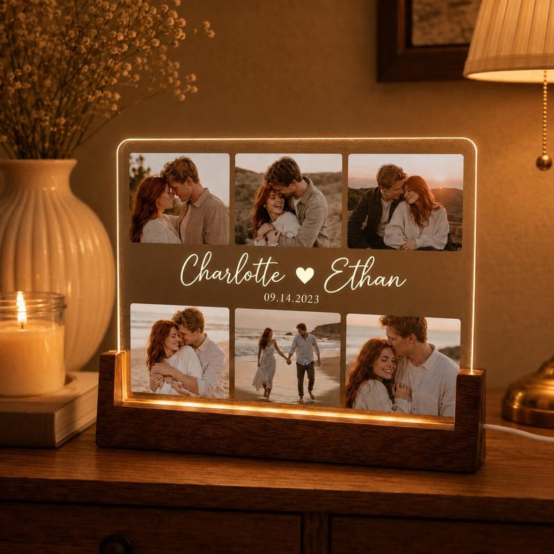 Custom Photo Collage Lamp,Personalized Couple LED Night Light,Custom Names Date Acrylic Plaque,Anniversary Valentine Gift For Her