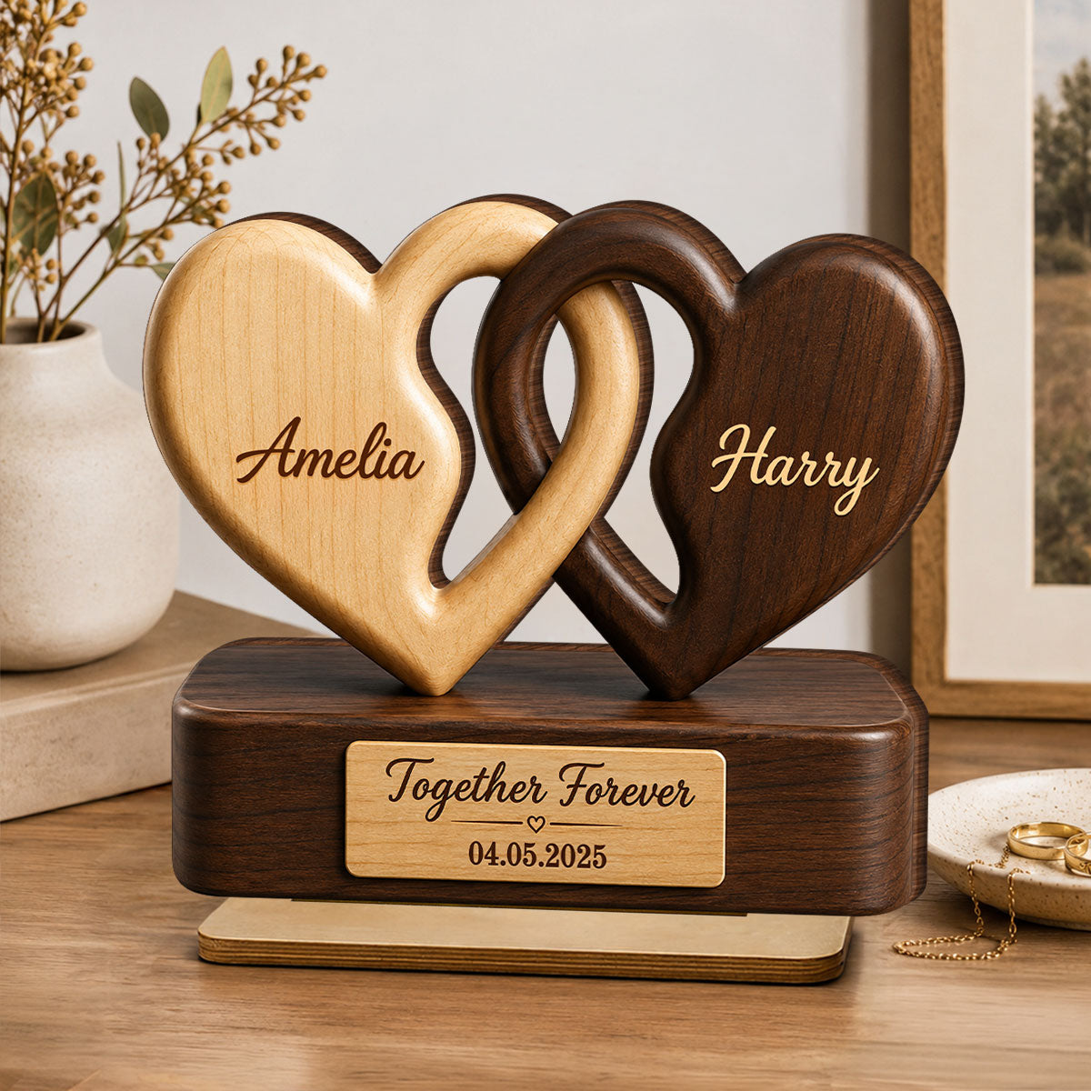 Interlocking Hearts – Personalized Couple Plaque, Custom Names & Date Keepsake Gift