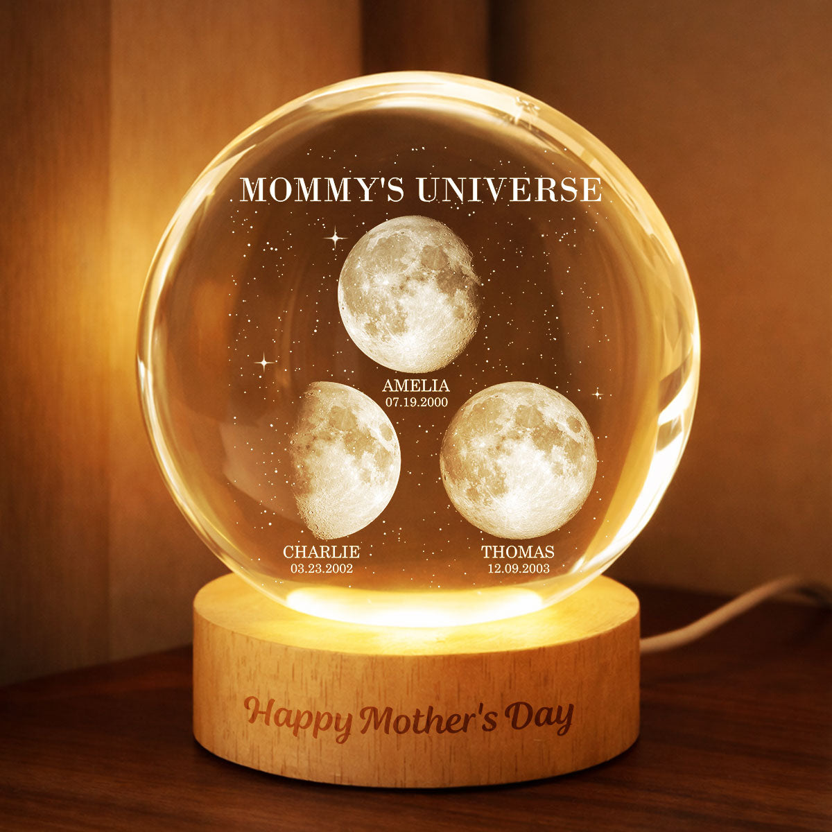 Personalized Moon Phase Crystal Ball Night Light – Custom Date LED Gift for Mom, Wife (Mother’s Day Gift)