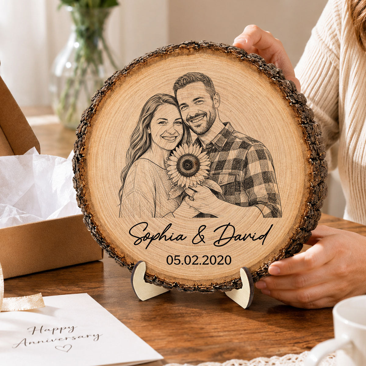 Custom Photo Sketch Couple Plaque – Personalized 2-Layer Wooden Keepsake With Names & Date