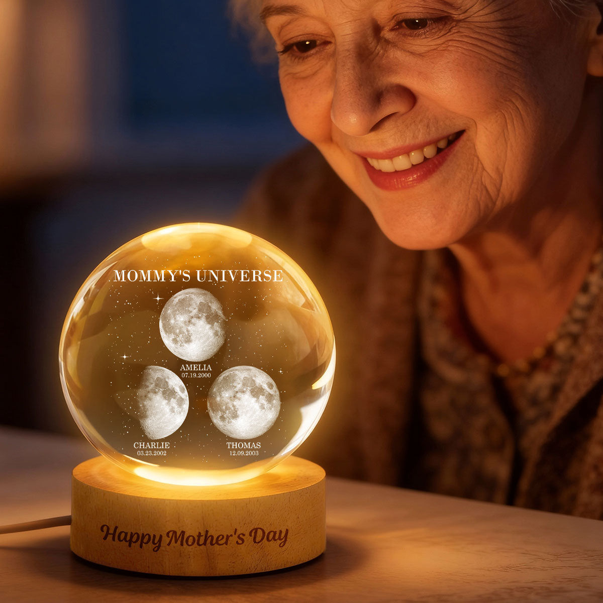 Personalized Moon Phase Crystal Ball Night Light – Custom Date LED Gift for Mom, Wife (Mother’s Day Gift)