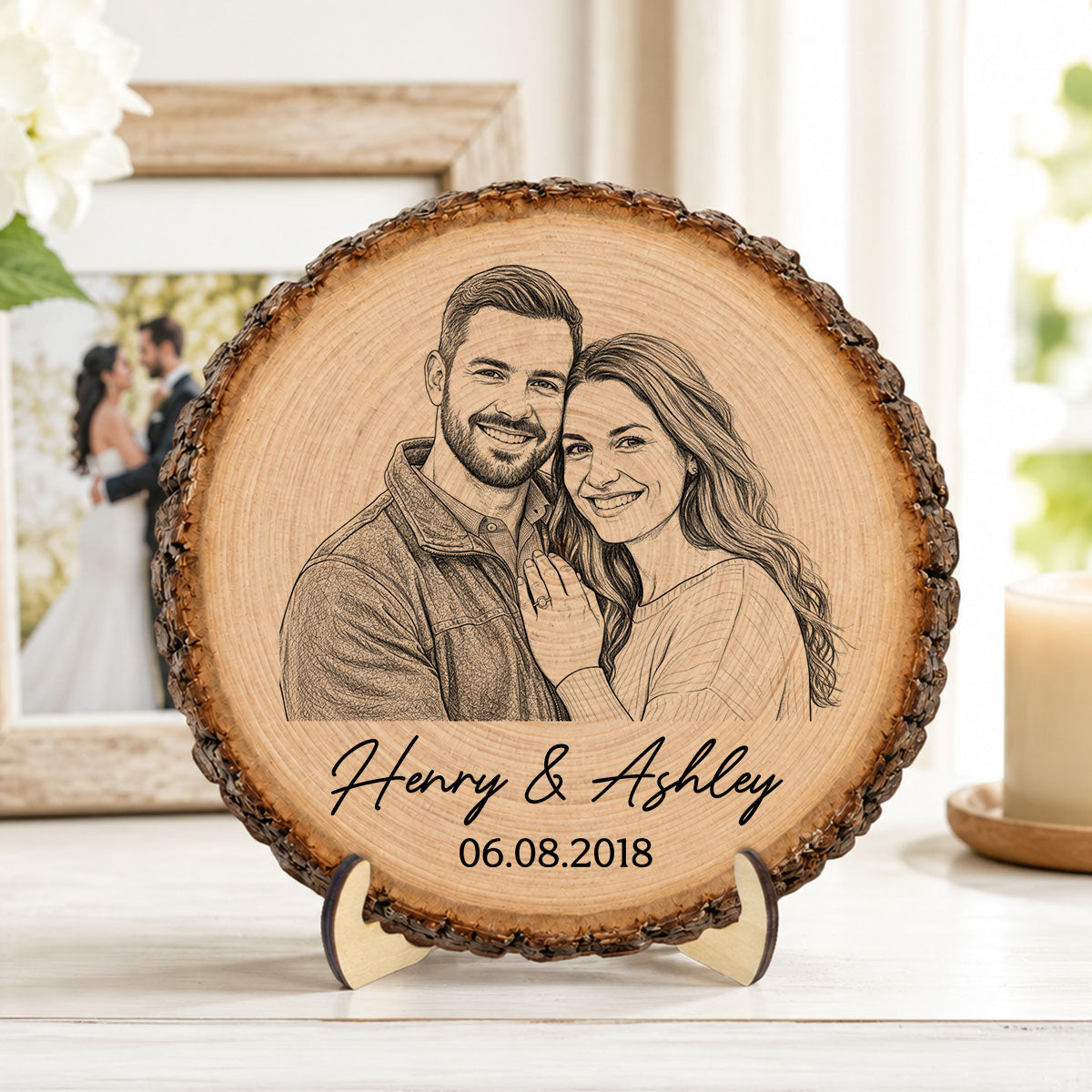 Custom Photo Sketch Couple Plaque – Personalized 2-Layer Wooden Keepsake With Names & Date