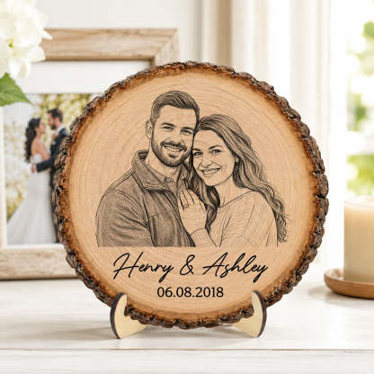 Custom Photo Sketch Couple Plaque – Personalized 2-Layer Wooden Keepsake With Names & Date