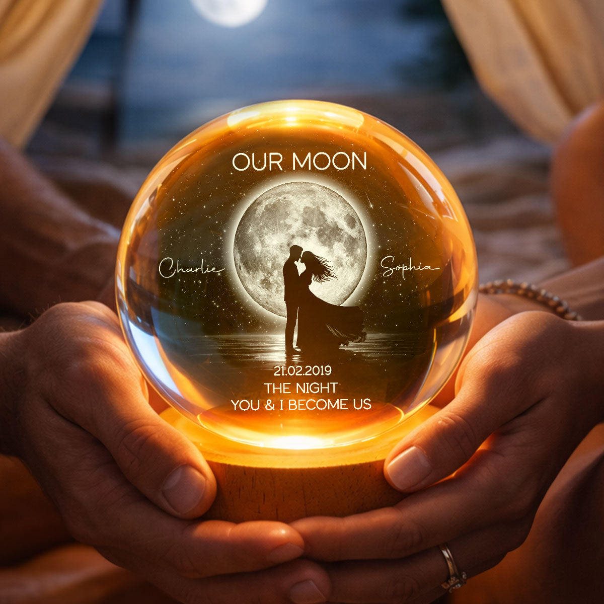 Couple Kissing Under the Moonlight, Custom Moon Phase by Date - Personalized Crystal Ball LED Night Light - Sentimental Valentine's Day Gift for Her, for Him